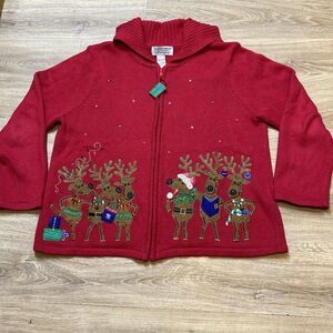 Tara International Christmas Collection Women SZ XL Zip Cardigan Red,  Reindeer